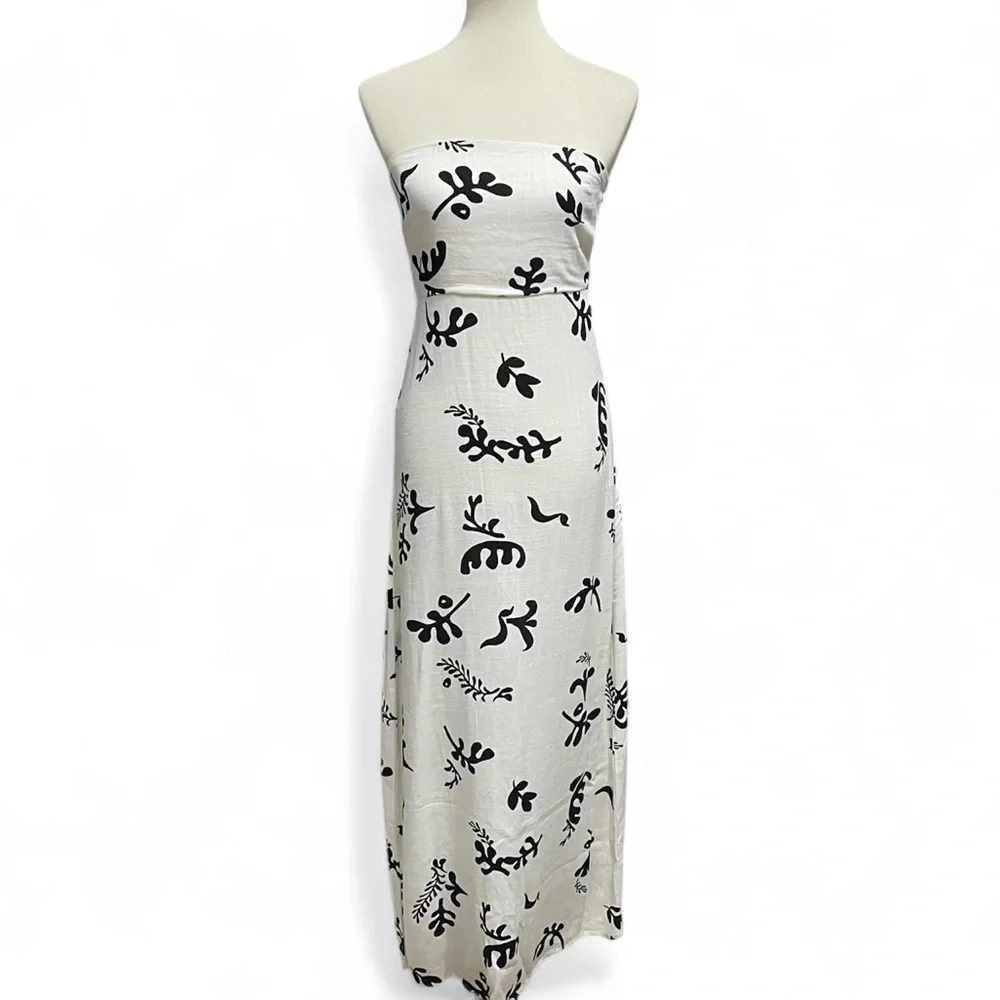 Paper Heart Linen Blend Black White‎ Leaf Print Maxi Dress Size XS